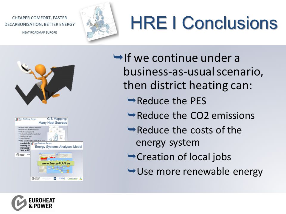 HRE I Conclusions  If we continue under a business-as-usual scenario, then district heating can:  Reduce the PES  Reduce the CO2 emissions  Reduce the costs of the energy system  Creation of local jobs  Use more renewable energy
