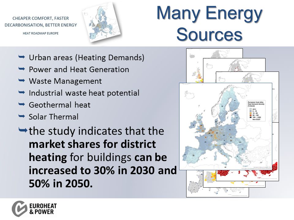  Urban areas (Heating Demands)  Power and Heat Generation  Waste Management  Industrial waste heat potential  Geothermal heat  Solar Thermal  the study indicates that the market shares for district heating for buildings can be increased to 30% in 2030 and 50% in 2050.