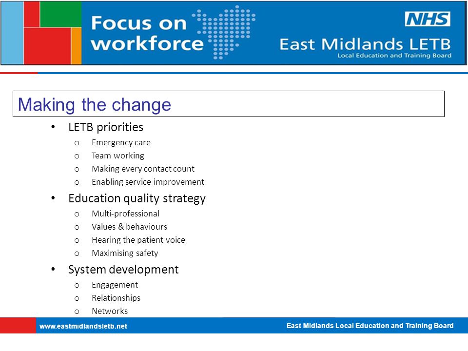 East Midlands Local Education and Training Board   Making the change LETB priorities o Emergency care o Team working o Making every contact count o Enabling service improvement Education quality strategy o Multi-professional o Values & behaviours o Hearing the patient voice o Maximising safety System development o Engagement o Relationships o Networks