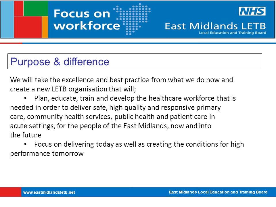 East Midlands Local Education and Training Board   Purpose & difference We will take the excellence and best practice from what we do now and create a new LETB organisation that will; Plan, educate, train and develop the healthcare workforce that is needed in order to deliver safe, high quality and responsive primary care, community health services, public health and patient care in acute settings, for the people of the East Midlands, now and into the future Focus on delivering today as well as creating the conditions for high performance tomorrow