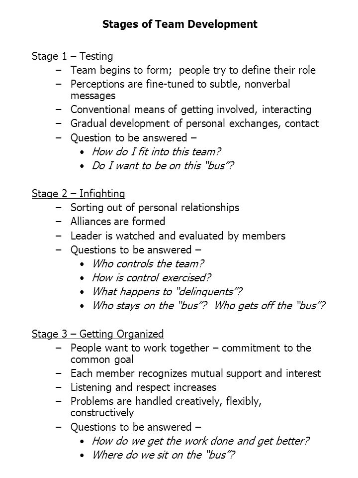 Stages of Team Development Stage 1 – Testing –Team begins to form; people try to define their role –Perceptions are fine-tuned to subtle, nonverbal messages –Conventional means of getting involved, interacting –Gradual development of personal exchanges, contact –Question to be answered – How do I fit into this team.