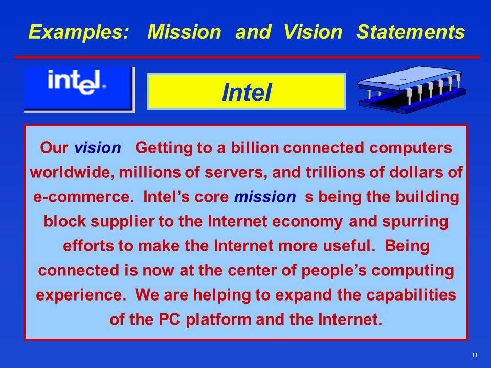 11 Examples: Mission and Vision Statements Our vision: Getting to a billion connected computers worldwide, millions of servers, and trillions of dollars of e-commerce.