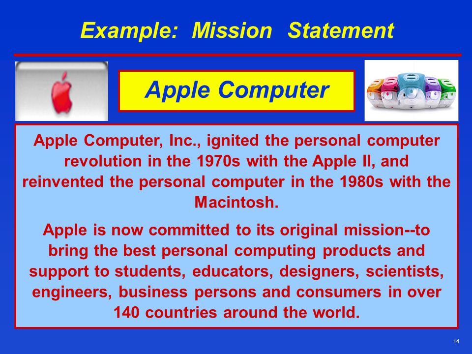 14 Example: Mission Statement Apple Computer, Inc., ignited the personal computer revolution in the 1970s with the Apple II, and reinvented the personal computer in the 1980s with the Macintosh.