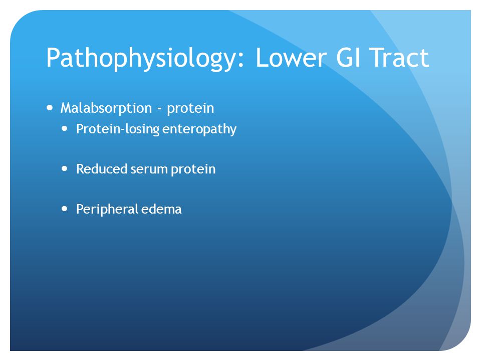 Pathophysiology: Lower GI Tract Malabsorption - protein Protein-losing enteropathy Reduced serum protein Peripheral edema