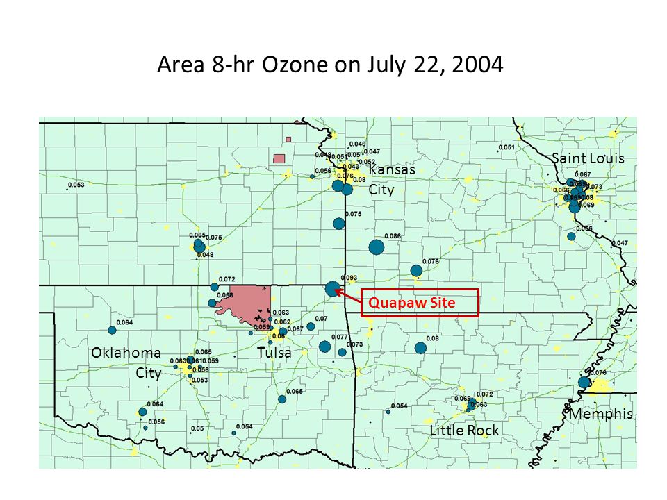 Area 8-hr Ozone on July 22, 2004 Saint Louis Memphis Quapaw Site Tulsa Kansas City Little Rock Oklahoma City