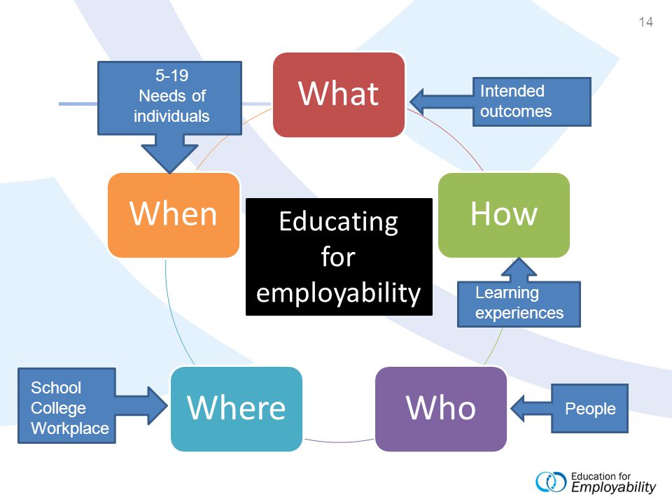 14 WhatHowWhoWhereWhen Educating for employability Intended outcomes Learning experiences People School College Workplace 5-19 Needs of individuals