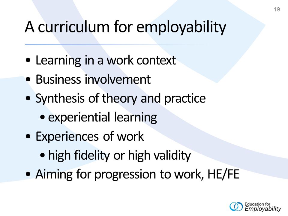 19 A curriculum for employability Learning in a work context Business involvement Synthesis of theory and practice experiential learning Experiences of work high fidelity or high validity Aiming for progression to work, HE/FE