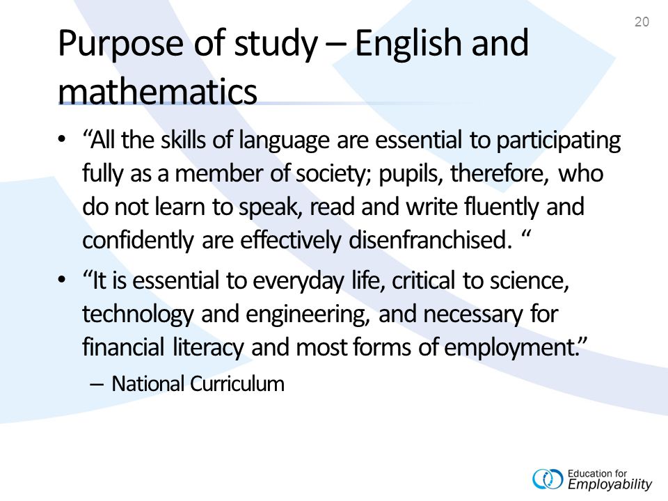 20 Purpose of study – English and mathematics All the skills of language are essential to participating fully as a member of society; pupils, therefore, who do not learn to speak, read and write fluently and confidently are effectively disenfranchised.