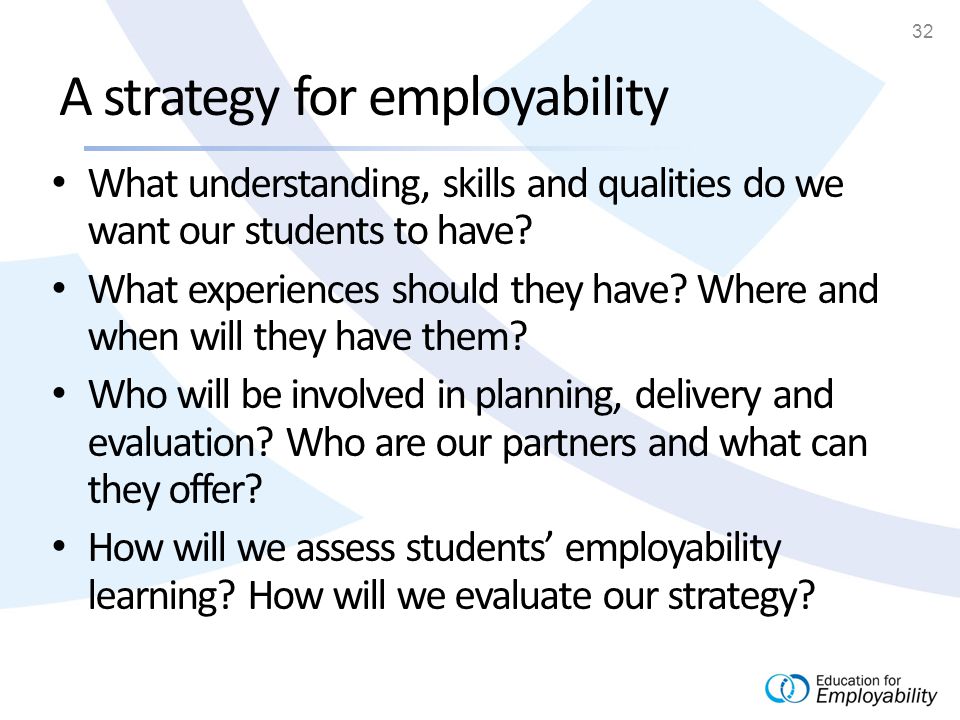 32 A strategy for employability What understanding, skills and qualities do we want our students to have.