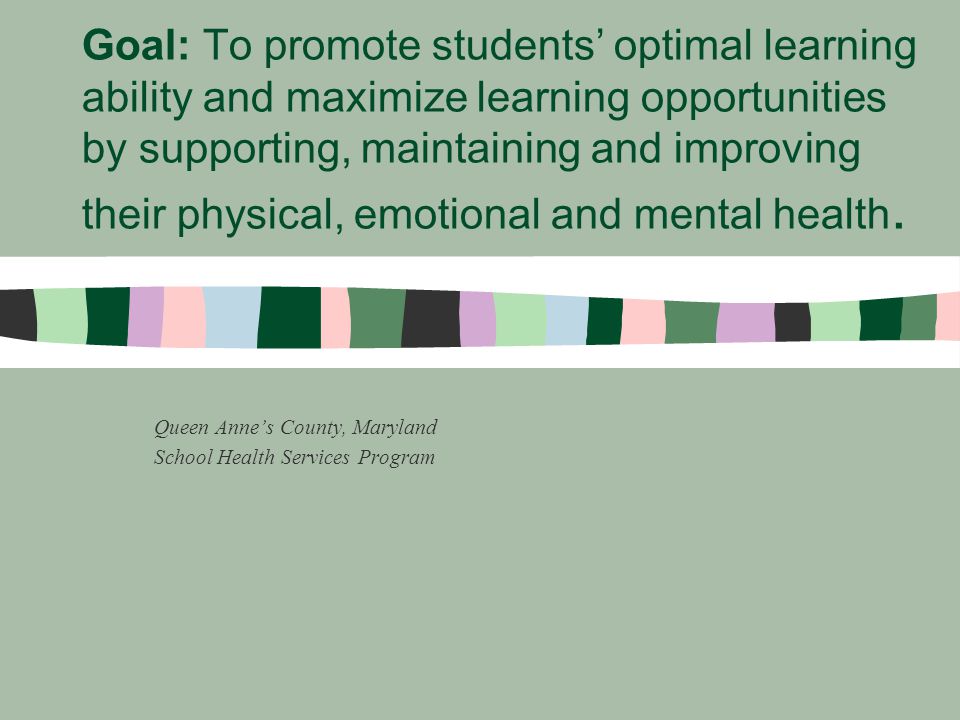 Goal: To promote students’ optimal learning ability and maximize learning opportunities by supporting, maintaining and improving their physical, emotional and mental health.