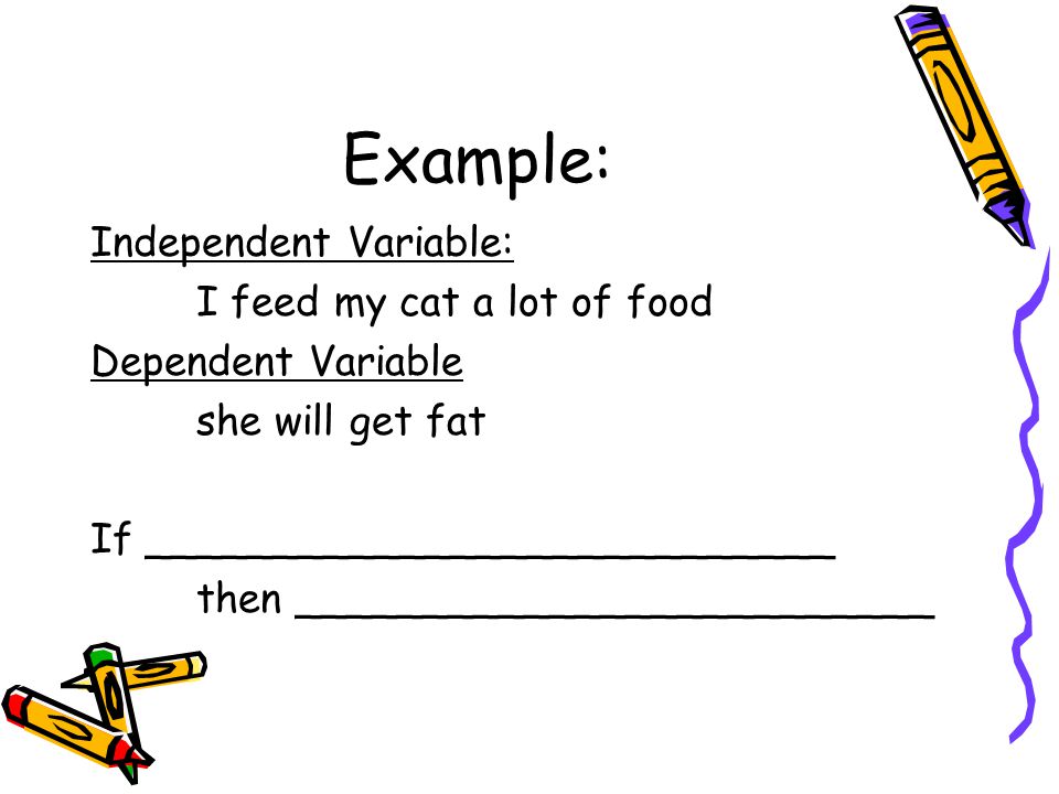 Example: Independent Variable: I feed my cat a lot of food Dependent Variable she will get fat If ___________________________ then _________________________