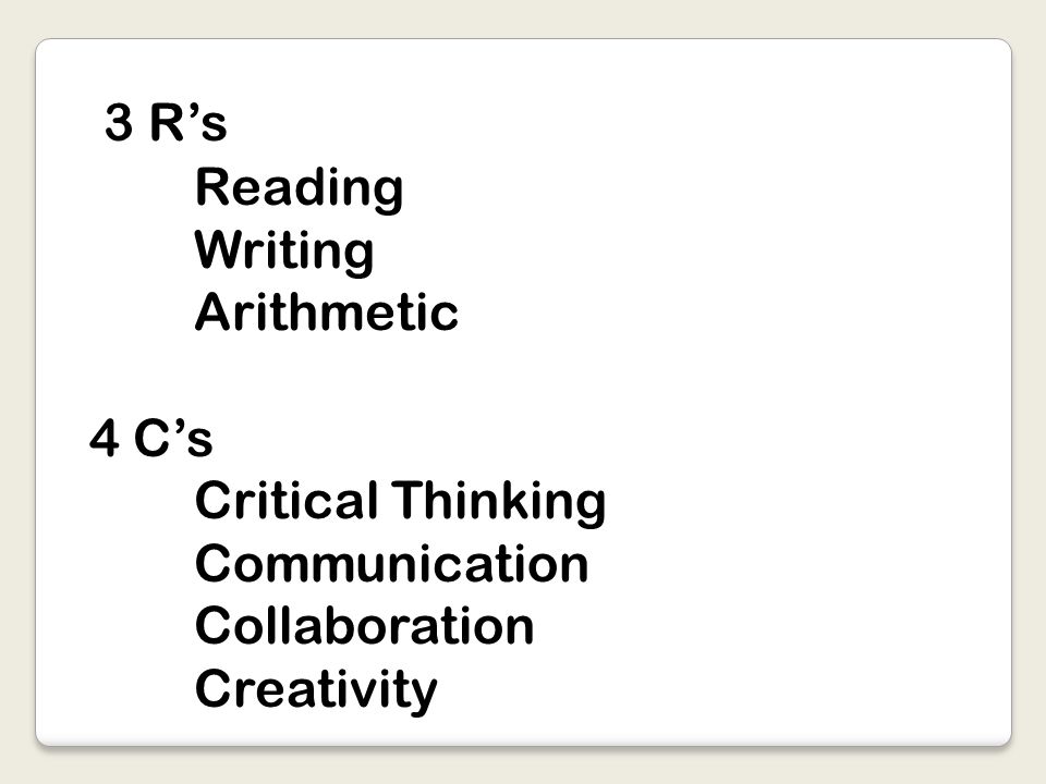 3 R’s Reading Writing Arithmetic 4 C’s Critical Thinking Communication Collaboration Creativity