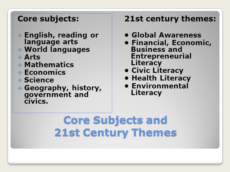 Core Subjects and 21st Century Themes Core subjects:  English, reading or language arts  World languages  Arts  Mathematics  Economics  Science  Geography, history, government and civics.