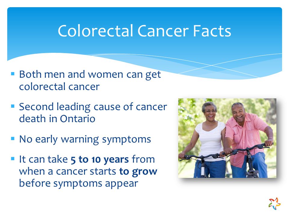Colorectal Cancer Facts  Both men and women can get colorectal cancer  Second leading cause of cancer death in Ontario  No early warning symptoms  It can take 5 to 10 years from when a cancer starts to grow before symptoms appear