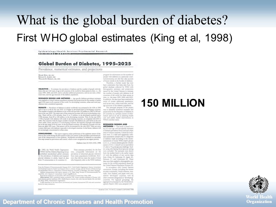 World Health Organization Department of Chronic Diseases and Health Promotion What is the global burden of diabetes.