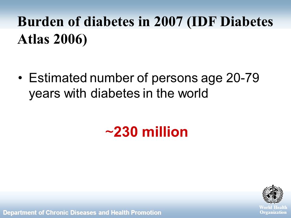 World Health Organization Department of Chronic Diseases and Health Promotion Burden of diabetes in 2007 (IDF Diabetes Atlas 2006) Estimated number of persons age years with diabetes in the world ~230 million