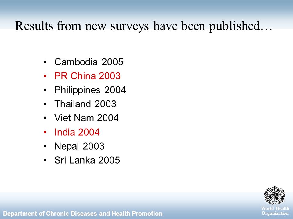 World Health Organization Department of Chronic Diseases and Health Promotion Results from new surveys have been published… Cambodia 2005 PR China 2003 Philippines 2004 Thailand 2003 Viet Nam 2004 India 2004 Nepal 2003 Sri Lanka 2005