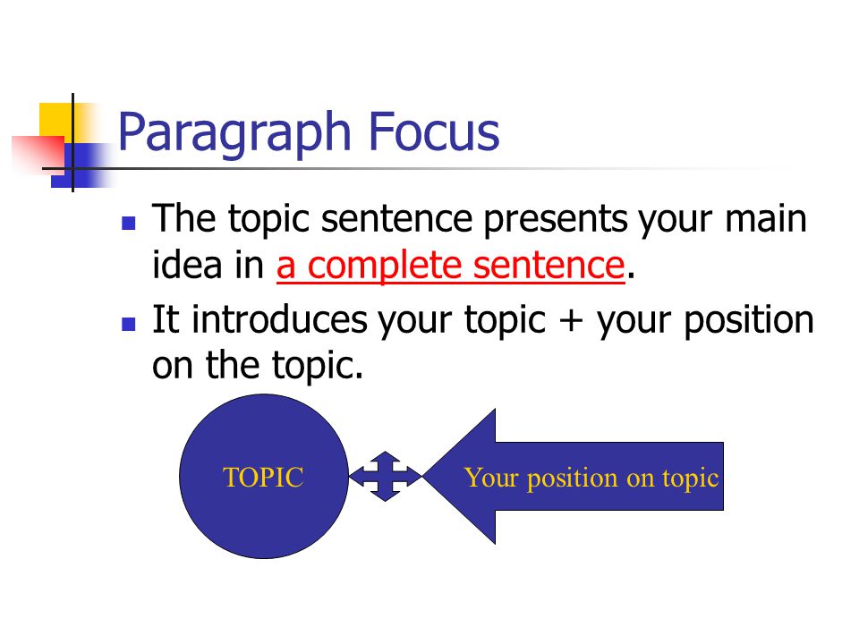 Paragraph Focus The topic sentence presents your main idea in a complete sentence.