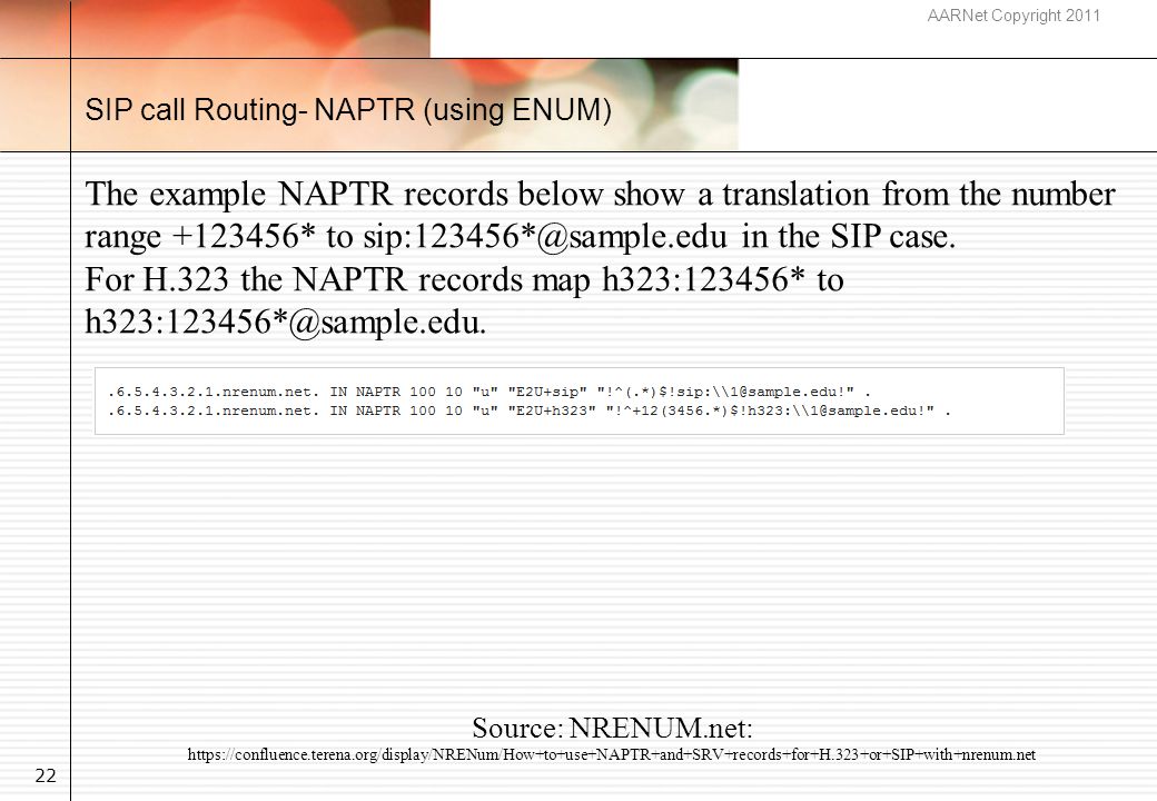 AARNet Copyright SIP call Routing- NAPTR (using ENUM) The example NAPTR records below show a translation from the number range * to in the SIP case.