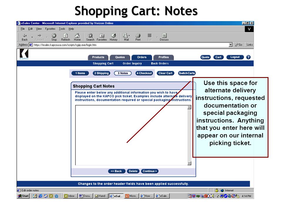 Shopping Cart: shipping info Use the drop downs to indicate shipping instructions (routine, critical or AOG) and select your carrier.