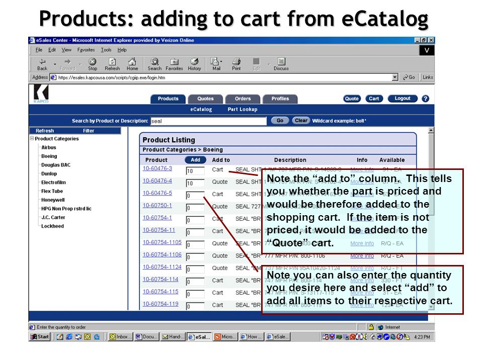 Products: searching using eCatalog Search for products by keyword, noun, partial part number, complete part number and limit that to OEM categories.