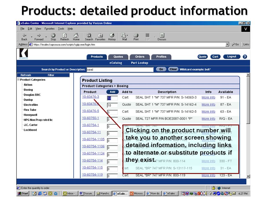 Products: adding to cart from eCatalog Note the add to column.