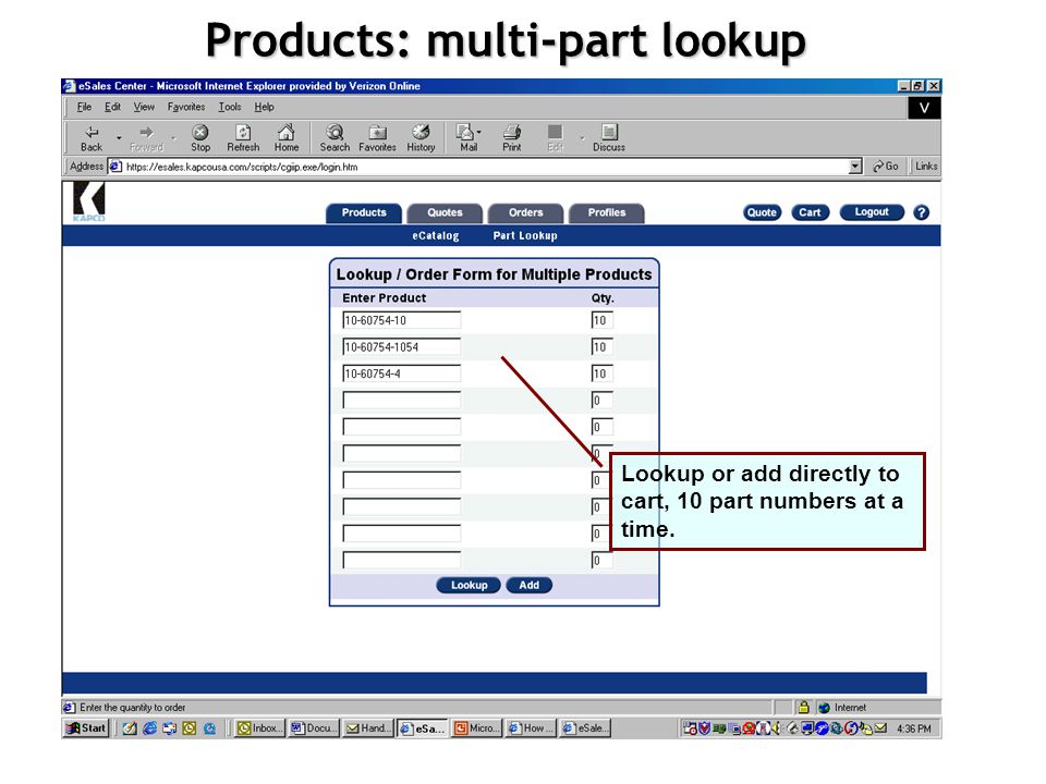 Products: detailed product information Clicking on the product number will take you to another screen showing detailed information, including links to alternate or substitute products if they exist.