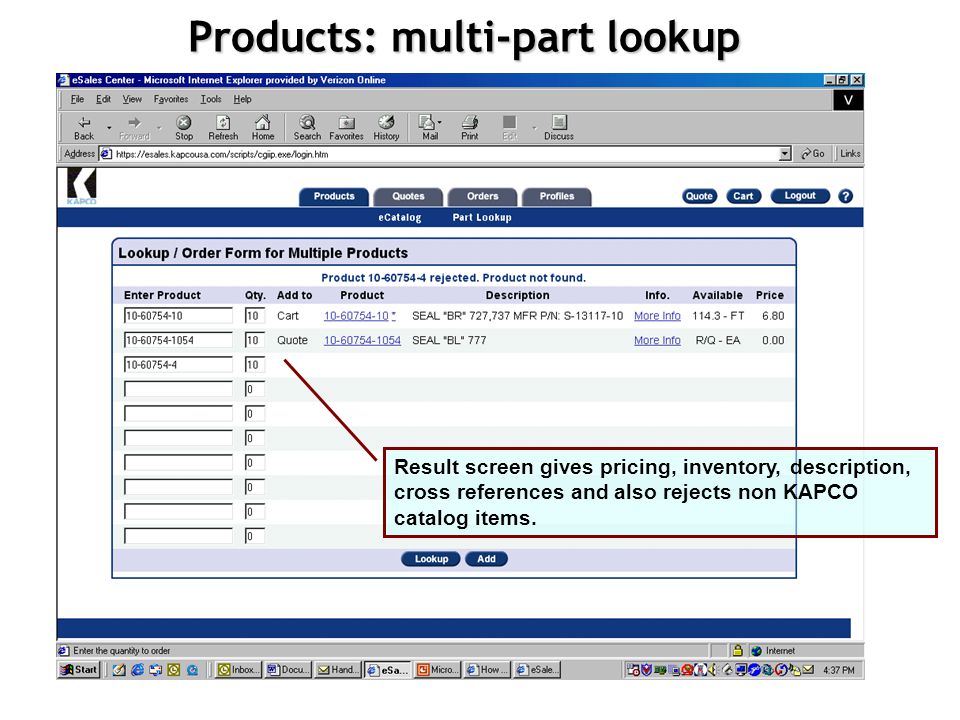 Products: multi-part lookup Lookup or add directly to cart, 10 part numbers at a time.