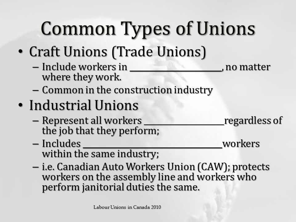 Craft Unions (Trade Unions) Craft Unions (Trade Unions) – Include workers in _______________________, no matter where they work.
