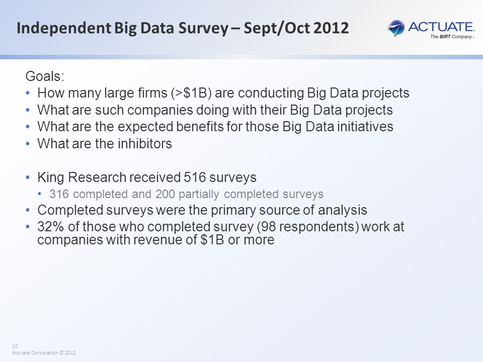 10 Actuate Corporation © 2012 Goals: How many large firms (>$1B) are conducting Big Data projects What are such companies doing with their Big Data projects What are the expected benefits for those Big Data initiatives What are the inhibitors King Research received 516 surveys 316 completed and 200 partially completed surveys Completed surveys were the primary source of analysis 32% of those who completed survey (98 respondents) work at companies with revenue of $1B or more Independent Big Data Survey – Sept/Oct 2012