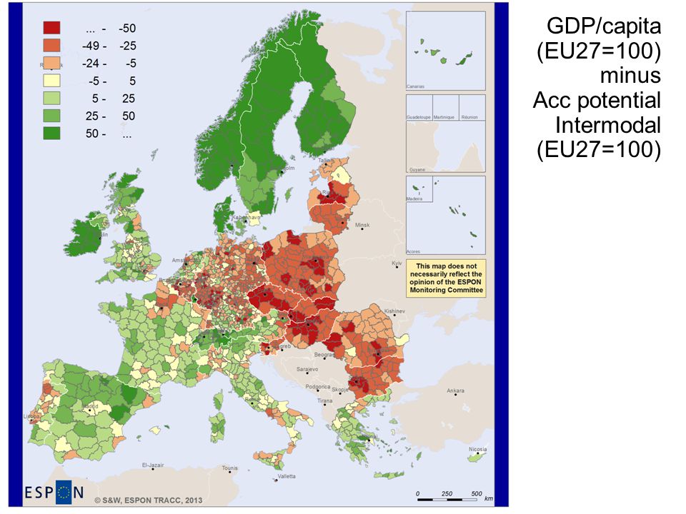 GDP/capita (EU27=100) minus Acc potential Intermodal (EU27=100)