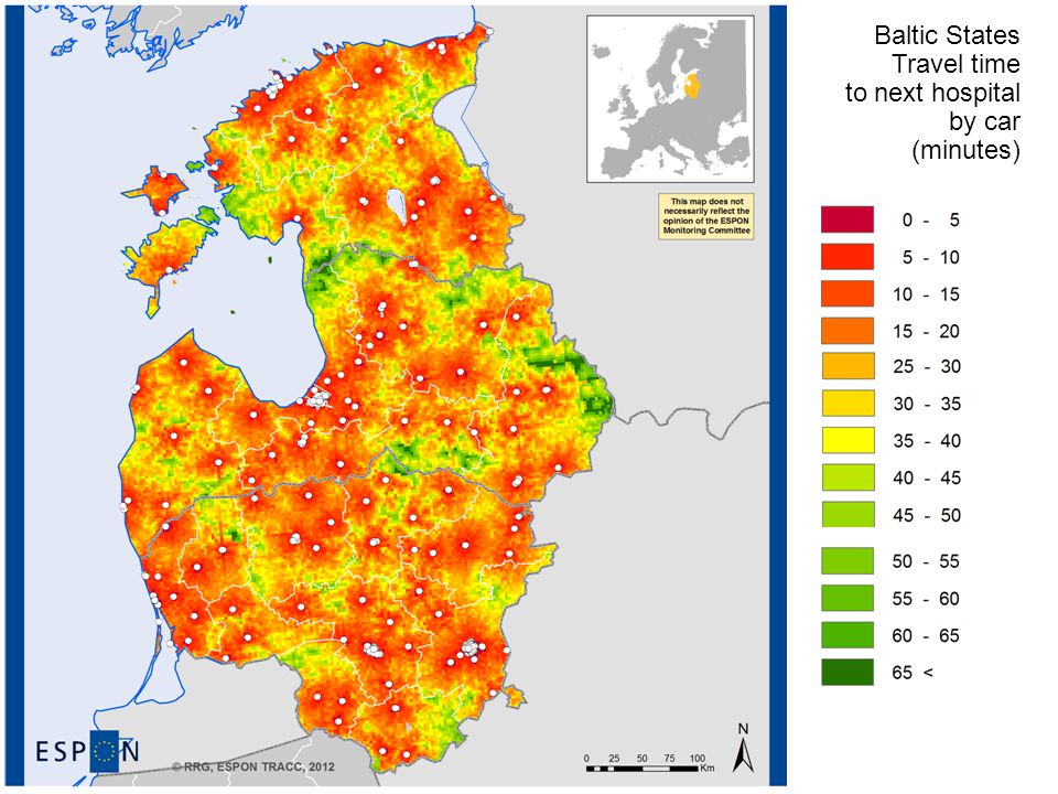 Baltic States Travel time to next hospital by car (minutes)