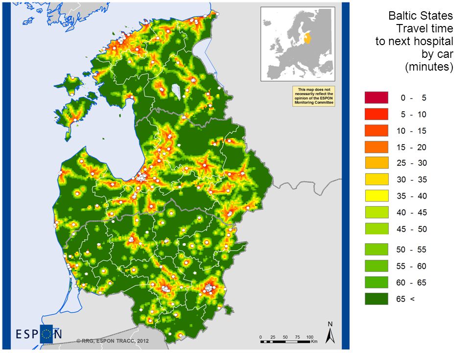 Baltic States Travel time to next hospital by car (minutes)