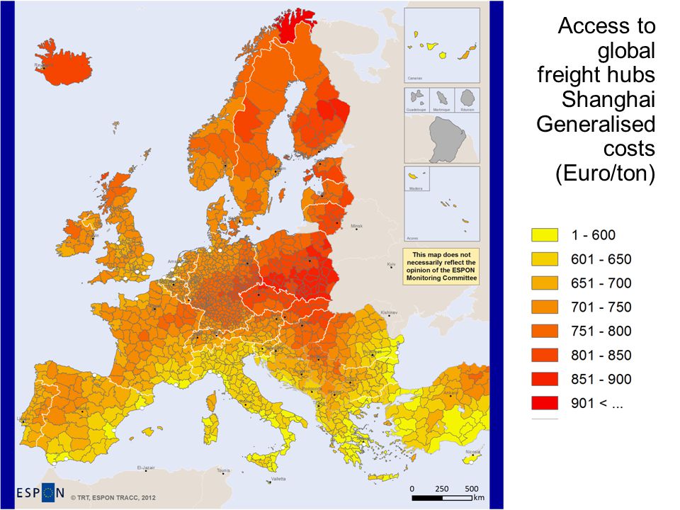 Access to global freight hubs Shanghai Generalised costs (Euro/ton)