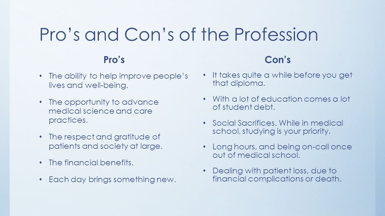 Pro’s and Con’s of the Profession Pro’s The ability to help improve people’s lives and well-being.