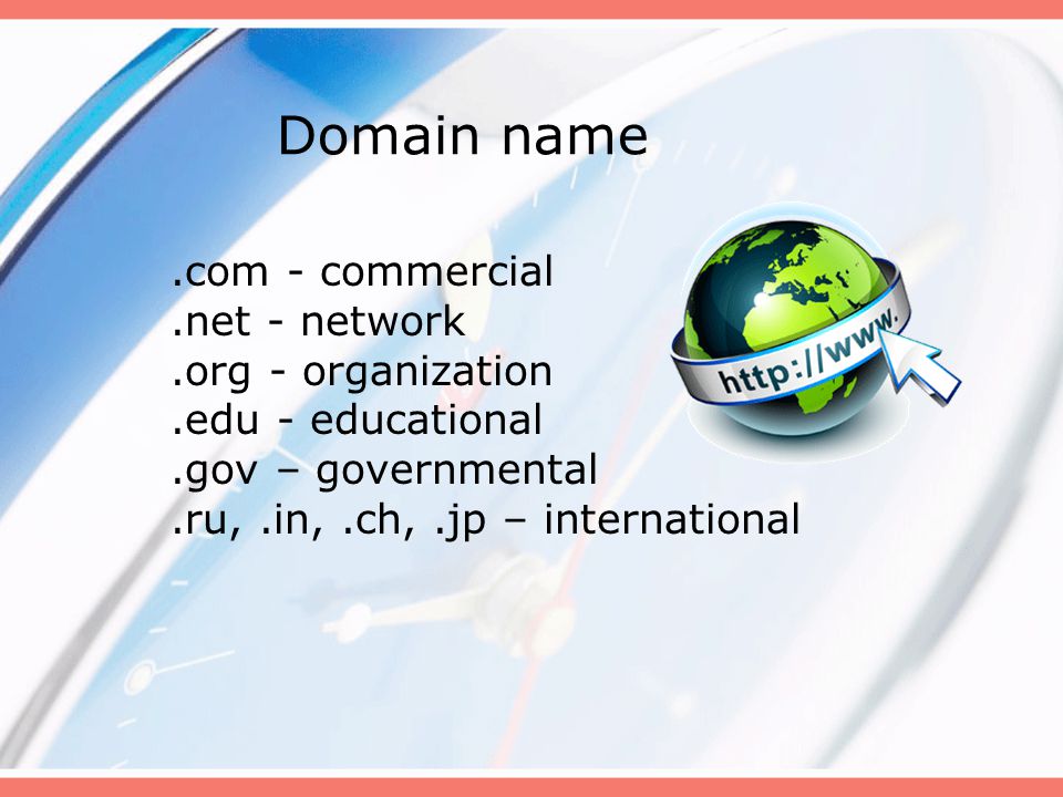 Domain name.com - commercial.net - network.org - organization.edu - educational.gov – governmental.ru,.in,.ch,.jp – international