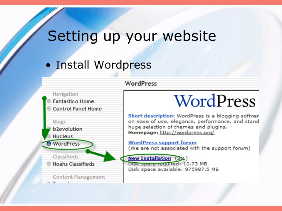 Setting up your website Install Wordpress