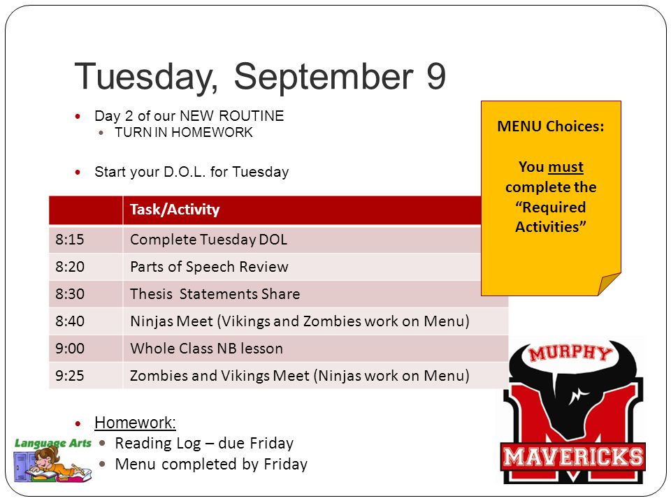 Tuesday, September 9 Day 2 of our NEW ROUTINE TURN IN HOMEWORK Start your D.O.L.