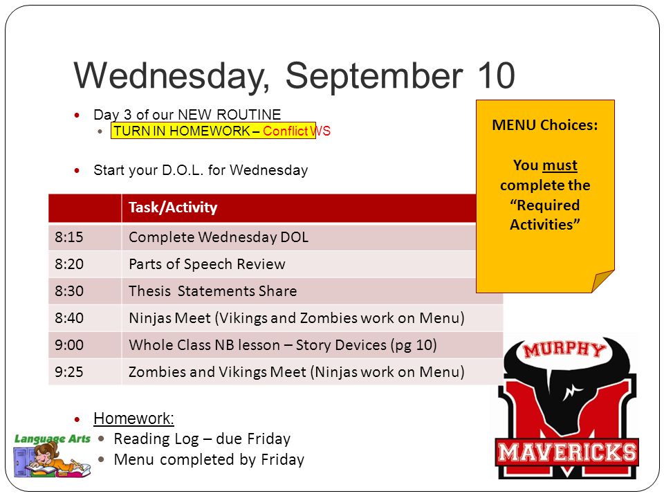 Wednesday, September 10 Day 3 of our NEW ROUTINE TURN IN HOMEWORK – Conflict WS Start your D.O.L.