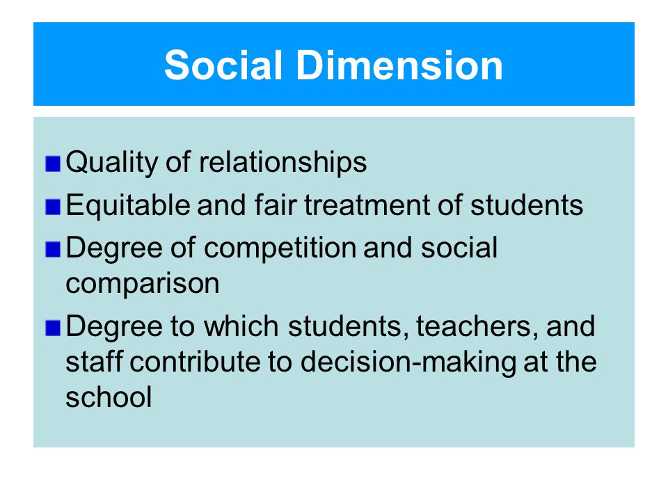 Social Dimension Quality of relationships Equitable and fair treatment of students Degree of competition and social comparison Degree to which students, teachers, and staff contribute to decision-making at the school