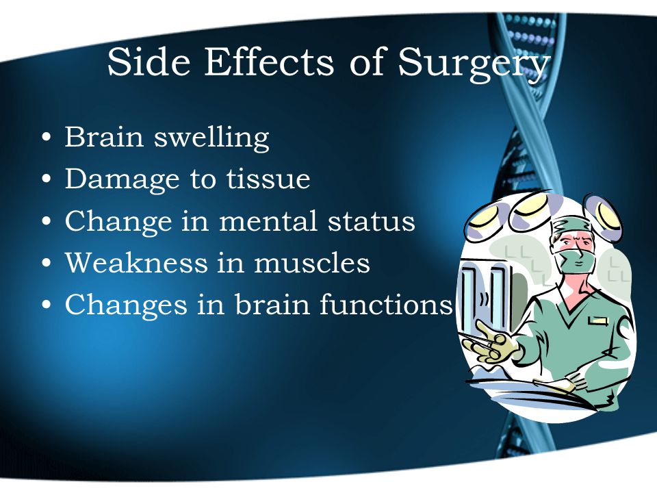 Side Effects of Surgery Brain swelling Damage to tissue Change in mental status Weakness in muscles Changes in brain functions
