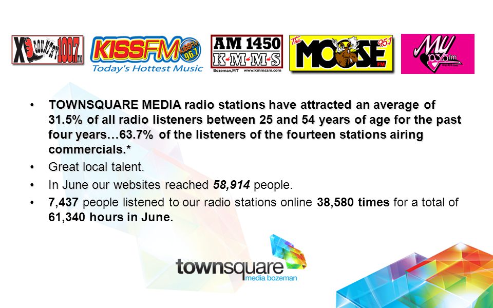 TOWNSQUARE MEDIA radio stations have attracted an average of 31.5% of all radio listeners between 25 and 54 years of age for the past four years…63.7% of the listeners of the fourteen stations airing commercials.*TOWNSQUARE MEDIA radio stations have attracted an average of 31.5% of all radio listeners between 25 and 54 years of age for the past four years…63.7% of the listeners of the fourteen stations airing commercials.* Great local talent.Great local talent.