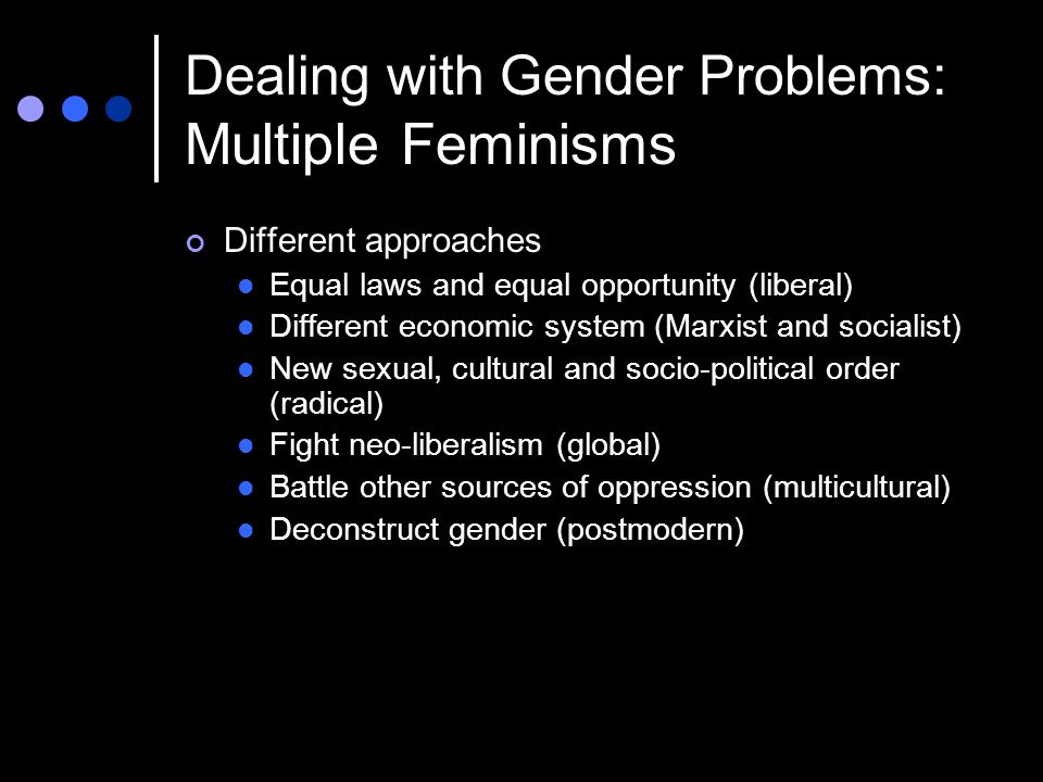 Dealing with Gender Problems: Multiple Feminisms Different approaches Equal laws and equal opportunity (liberal) Different economic system (Marxist and socialist) New sexual, cultural and socio-political order (radical) Fight neo-liberalism (global) Battle other sources of oppression (multicultural) Deconstruct gender (postmodern)