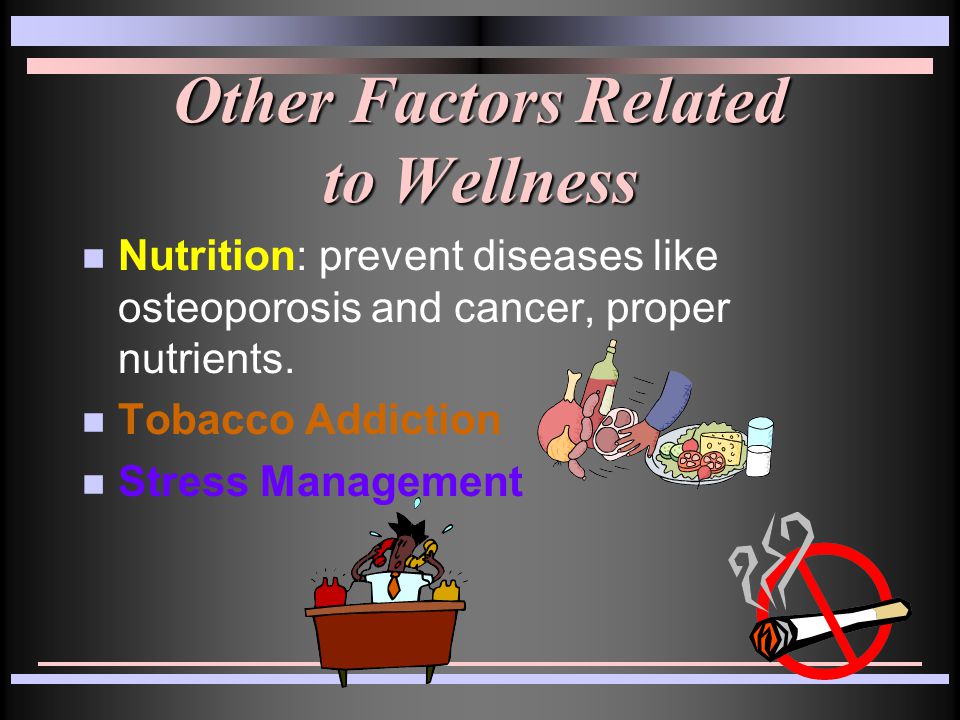 Other Factors Related to Wellness n Nutrition: prevent diseases like osteoporosis and cancer, proper nutrients.