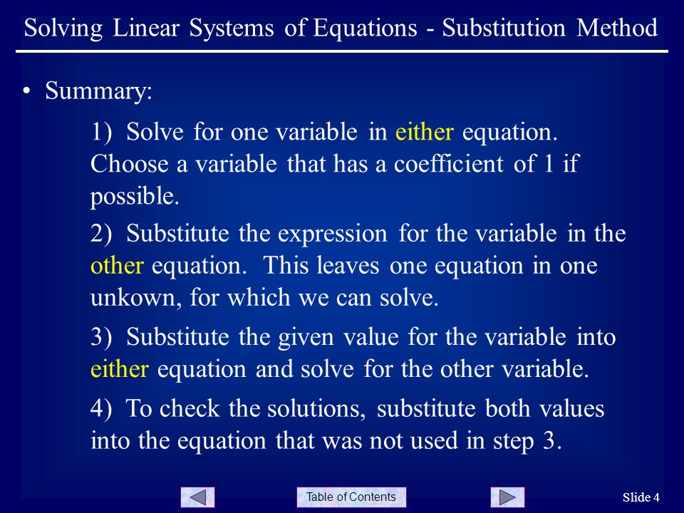 Table of Contents Slide 4 Solving Linear Systems of Equations - Substitution Method Summary: 1) Solve for one variable in either equation.