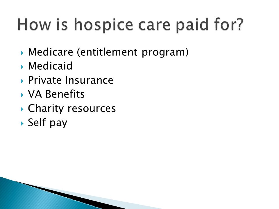  Medicare (entitlement program)  Medicaid  Private Insurance  VA Benefits  Charity resources  Self pay