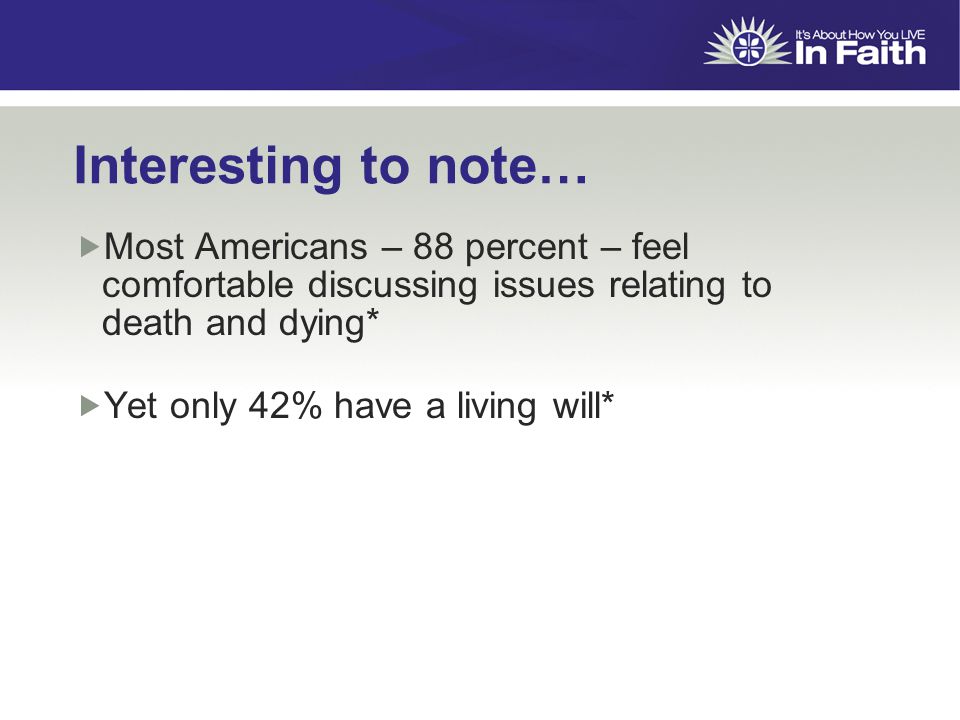 Interesting to note…  Most Americans – 88 percent – feel comfortable discussing issues relating to death and dying*  Yet only 42% have a living will* *National Survey on Death, Dying, and Hospice Care in America, VITAS Innovative Healthcare, 2004
