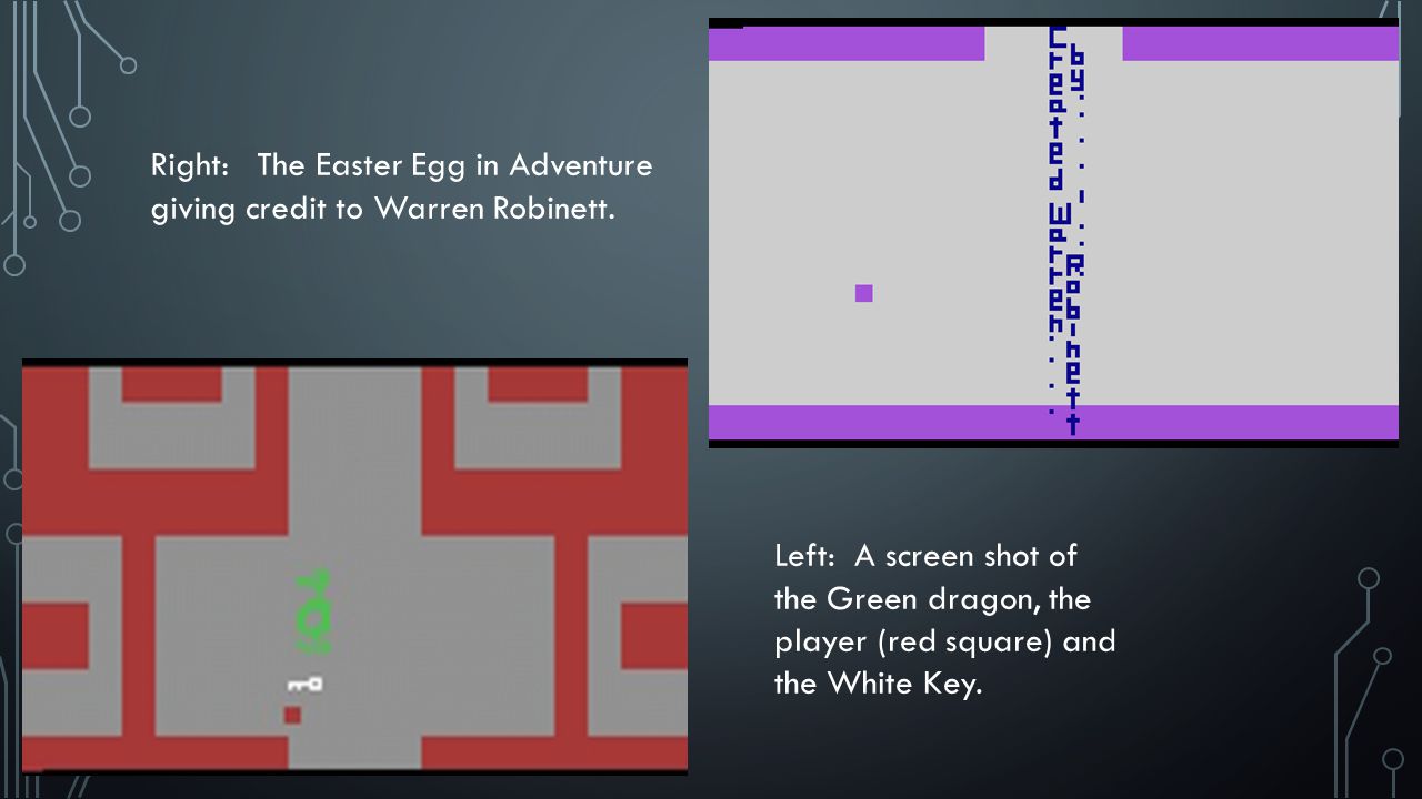 Right:The Easter Egg in Adventure giving credit to Warren Robinett.