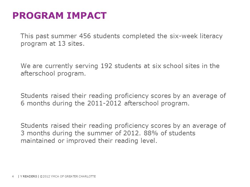 PROGRAM IMPACT This past summer 456 students completed the six-week literacy program at 13 sites.