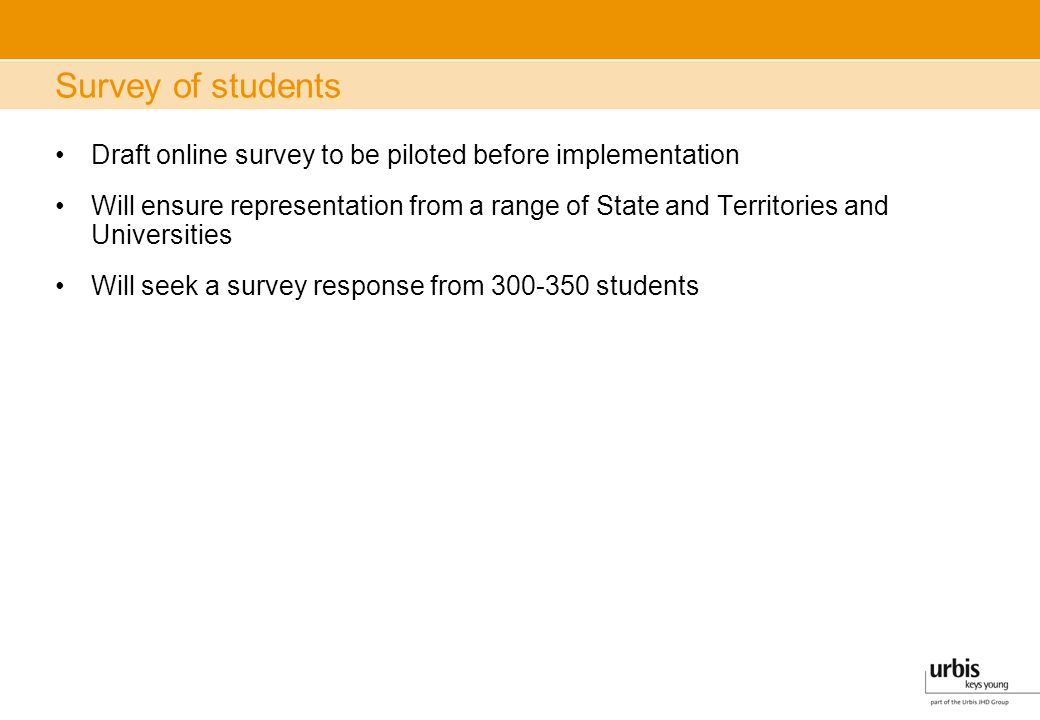 Survey of students Draft online survey to be piloted before implementation Will ensure representation from a range of State and Territories and Universities Will seek a survey response from students